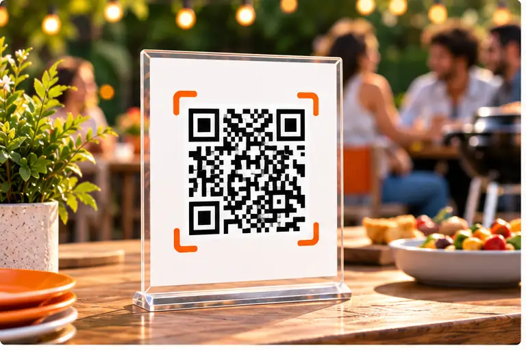 A QR code invitation on a picnic table