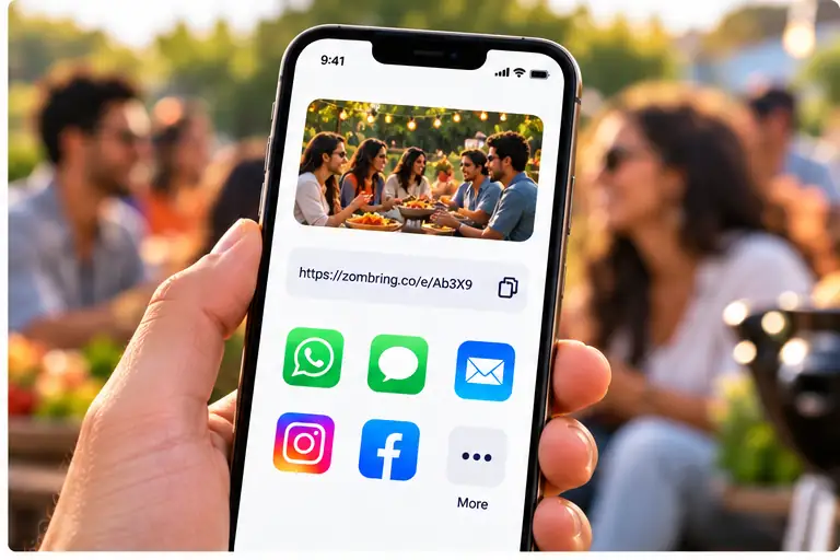 A phone sharing an event link through WhatsApp, messages and email
