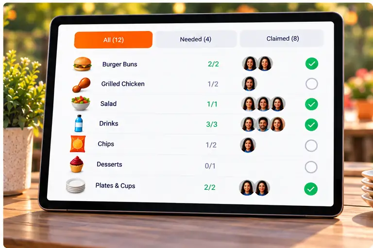 A live board showing which items are claimed and which are still needed