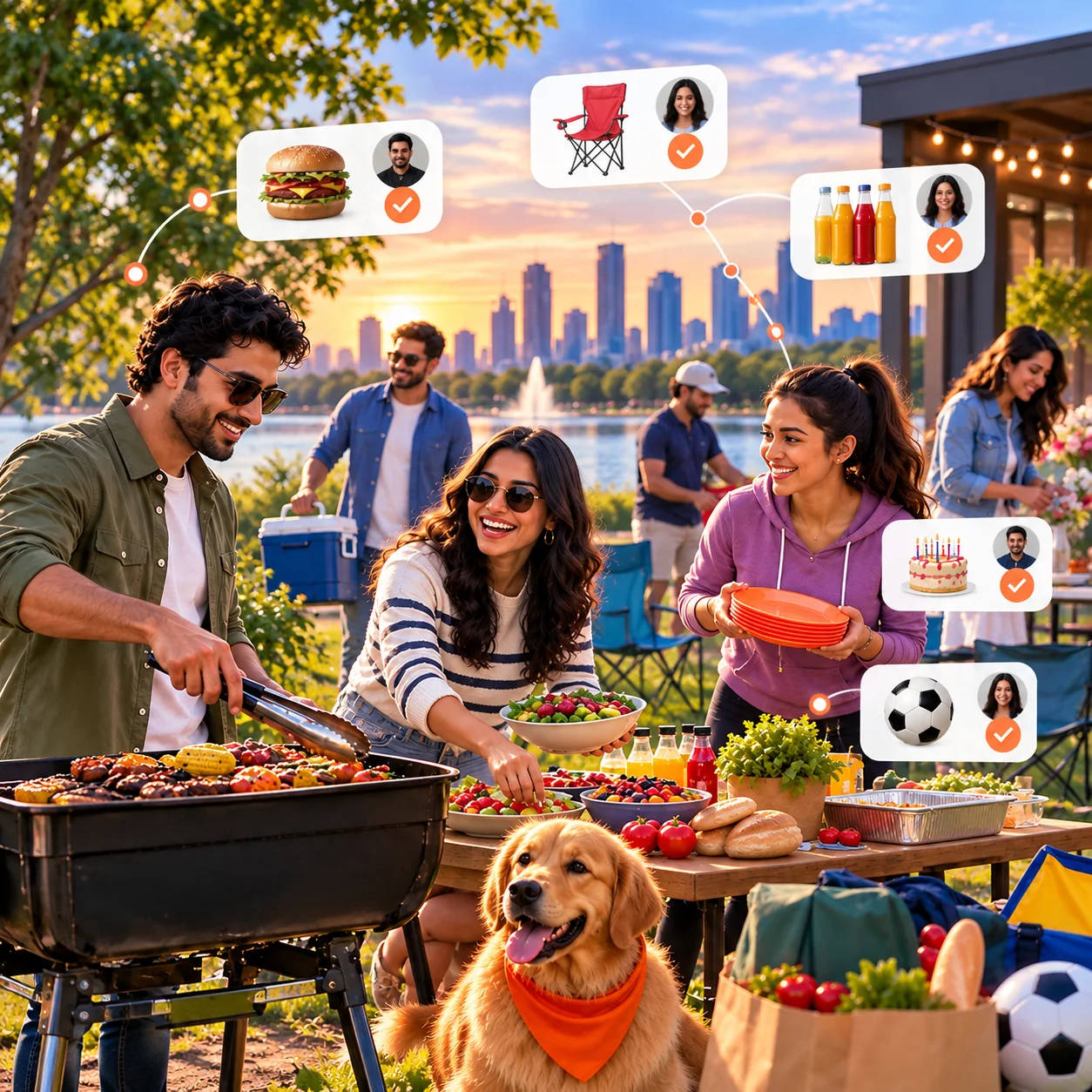 Friends sharing food and drinks at a get-together, with a map pin for the event