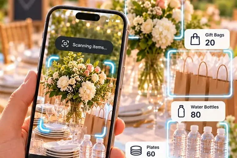 A phone camera counting plates, gift bags and water bottles at an event