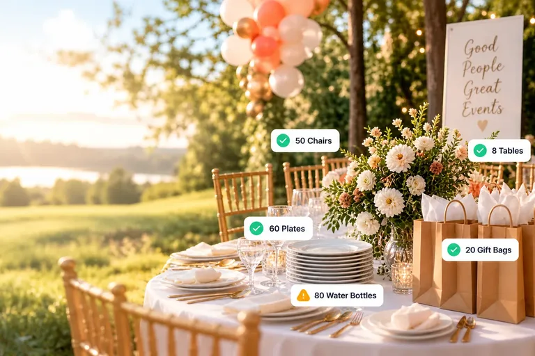 A decorated event table with counts for chairs, plates, gift bags and water bottles