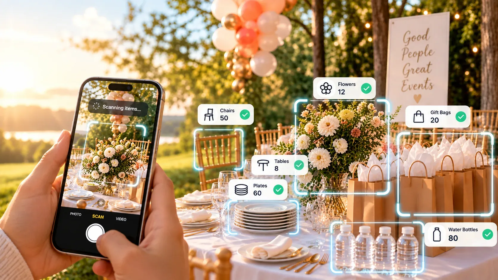A phone scanning an event table; Zomtally counts the chairs, tables, plates, flowers, gift bags and water bottles
